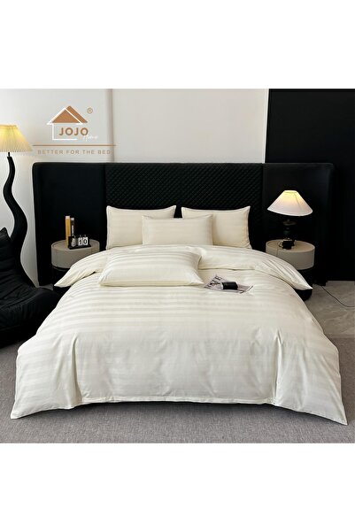 JOJO HOME Lenjerie de pat Damasc 100% Bumbac Ivory cu Dungi Satinate | Cearce...