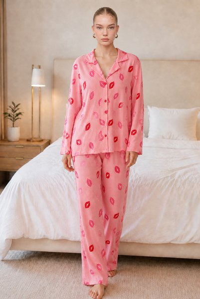 WomanAndKids Night Pink Women's Lip Patterned Pajama Set 4677