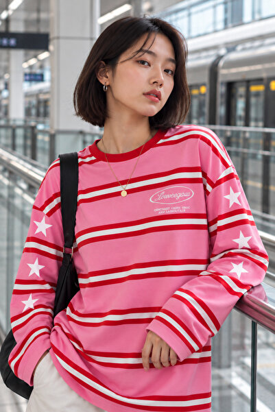 Moda Neval Women's Striped Oversize Long Sleeve T-Shirt with Crew Neck