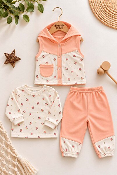 dinamik çocuk Baby Girl Tiny Floral Patterned Hooded Vest Long Sleeve T-Shirt...
