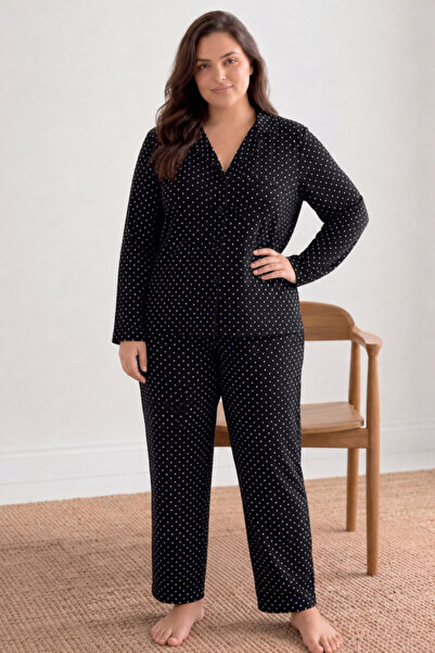 Norcia Sports Women's Polka Dot Buttoned Black Pajama Set 852