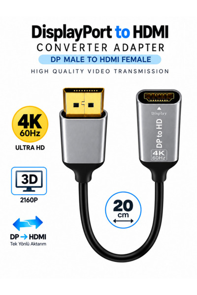 Vwin Displayport Dp to Hdmı Görüntü ve Ses Aktarma Kablosu 4K Çevirici Ultra HD 60Hz 20 Cm Erkek-Dişi Uçlar