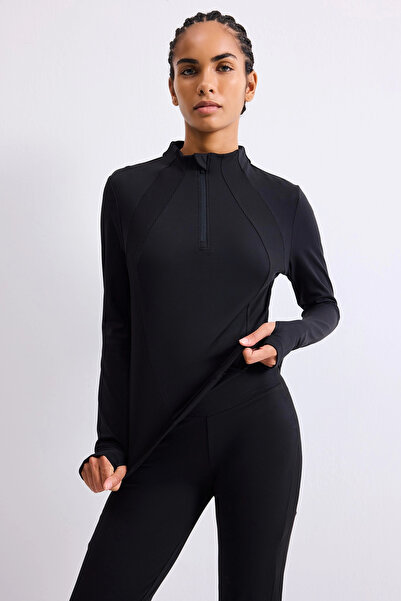 DeFacto H5210AXBK81 Siyah Slim Fit Esnek Kumaş Dik Yaka Yarım Fermuarlı Sporcu Uzun Kollu Basic Tişö