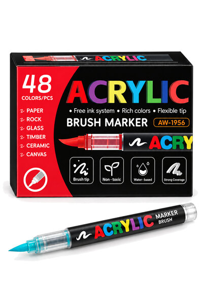TİCARO Akrilik Marker Kalem Seti 48'lı, Esnek Fırça Uçlu Boya Kalemi