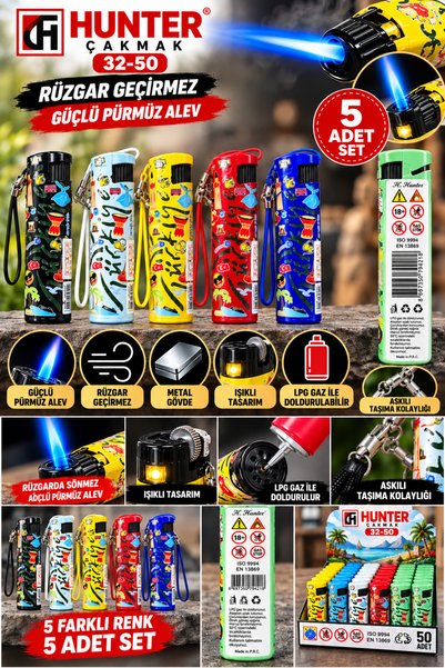 Hunter 32-50 Metal Manyetolu Pürmüz Çakmak 5’li Set – Rüzgar Geçirmez, Işıklı...