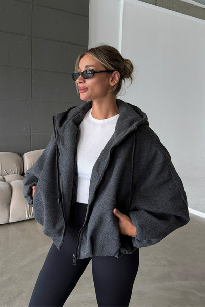 NET OF NOT Oversize Kalın Tüylenmez Kaşe Bomber Kalıp Kapüşonlu Kadın Ceket