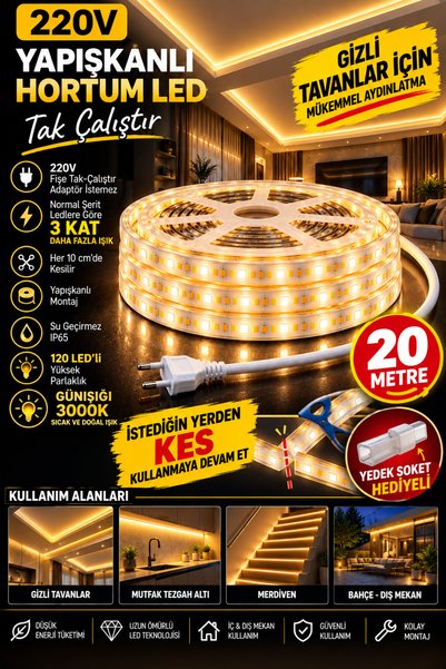 LED PAZARI 20 MT YAPIŞKANLI HORTUM ( şerit led) LED GÜNIŞIĞI TAK ÇALIŞTIR MOT...