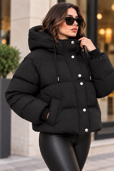 Modayıldızlar Kadın Siyah Çıt Çıt Kapüşonlu Kısa Şişme Mont – Oversize Puffer...