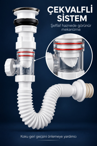 MOCKOP DuruFlow Çekvalfli Pop-Up Lavabo Sifon Seti – Şeffaf Hazneli, 2 Montaj Seçenekli, Beyaz