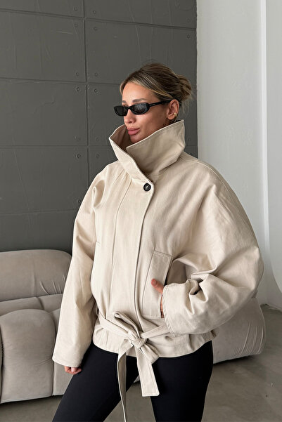 NET OF NOT Oversize Gabardin Kumaş Kuşaklı Dik Yaka Kadın Ceket