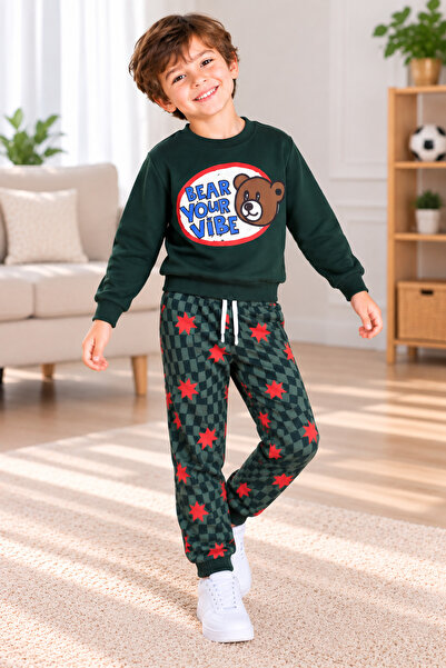 SERPİL Boy's Teddy Bear Printed 2-Piece Tracksuit Set – Sweatshirt and Patter...