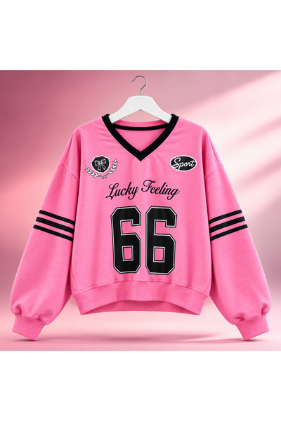 Kadın Baskılı V Yaka Oversize Sweatshirt