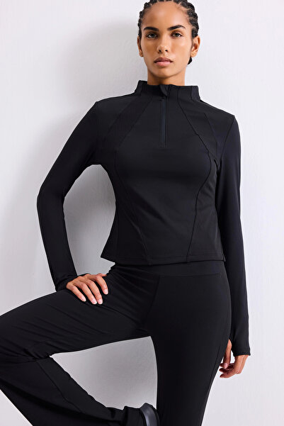 DeFacto H5210AXBK81 Siyah Slim Fit Esnek Kumaş Dik Yaka Yarım Fermuarlı Sporcu Uzun Kollu Basic Tişö