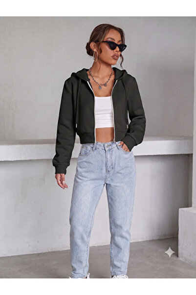 thefun fashion Women's Black Hooded Zippered Oversize 3 Thread Raised Crop Ca...