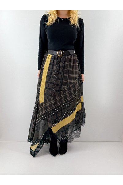 Modaonna Patchwork desenli kemerli şifon etek