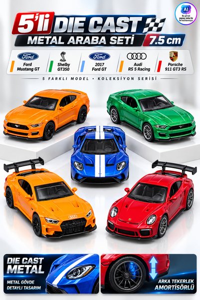 YILDIRIM OYUNCAK 5’li Die Cast Metal Model Araba Seti 7,5cm – Ford Mustang, S...