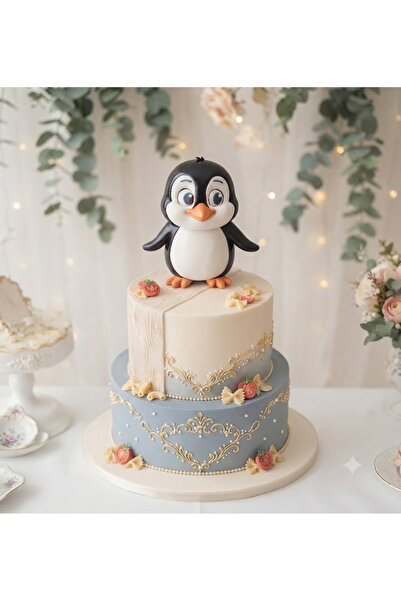 Sevimli Siyah Penguen Konseptli Pasta Süsü (Cake Topper)