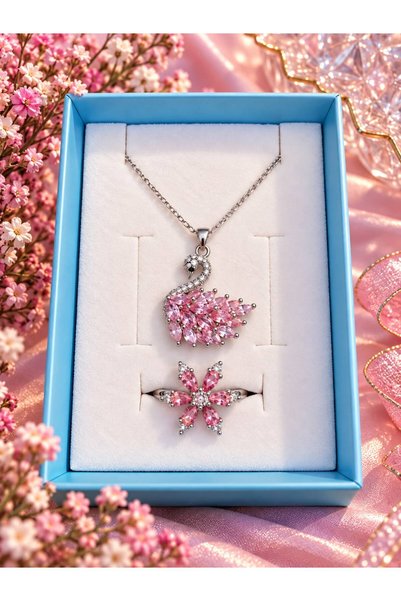 PEMBE KUĞU KOLYE VE PEMBE LOTUS YÜZÜK (ÇELİK)