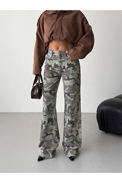 DENİKK Trend Special Design High Waist Detail-C Camouflaged Denim Palazzo Jea...