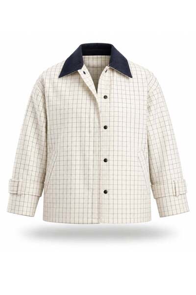5in1Canpolat Ecru Contrast Collared Checkered Jacket 03036
