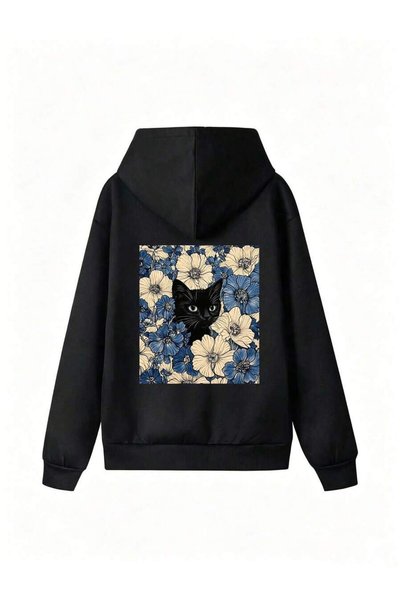 WESTİMO Women's Floral Cat Print Hooded Sweatshirt