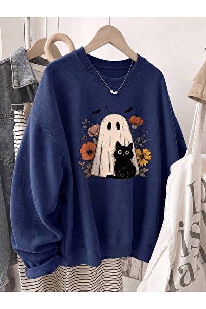 PALPİTO Hanorac de damă cu imprimeu floral Ghost Cat de Halloween