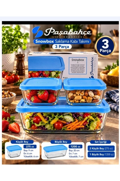Paşabahçe 3 قطع من حاويات تخزين سنوبوكس ذات غطاء أزرق صغيرة الحجم بسعة 275 سم مكعب. مستطيل كبير بسعة 1200 سي سي