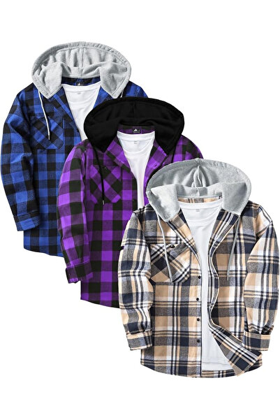 Jacketown Тънки ризи тип сако, карирани, с качулка и копчета, 3XL, комплект о...