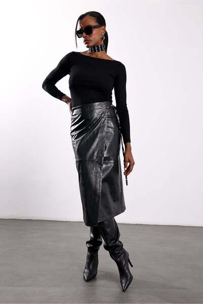 5in1Canpolat Black Belted Leather Skirt