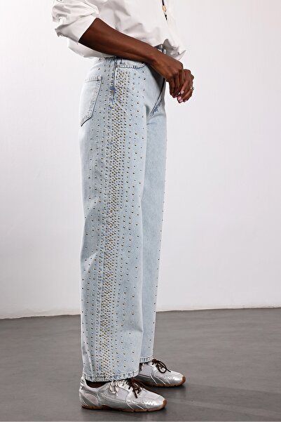 5in1Canpolat Light Blue Studded Straight Fit Jean 8432