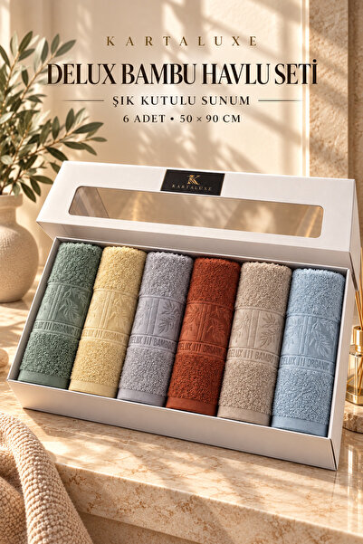 KARTALUXE Delux Bambu Havlu Seti 6’lı 50x90 cm Şık Kutulu 6 Renk