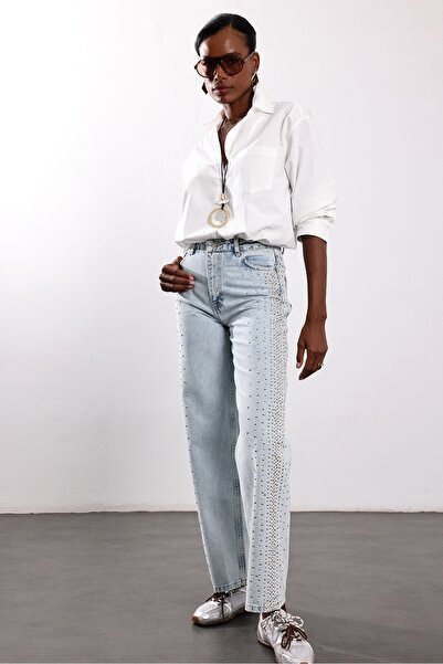 5in1Canpolat Light Blue Studded Straight Fit Jean 8432