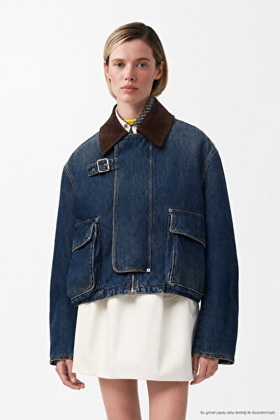 Layk Mayk Kadın Denim Trend Jacket Kadife Yaka Relaxed Kot Ceket-00111467