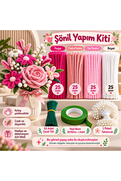 C&A&B KUZEY AVİZE Şönil Çiçek Yapım Kiti Full Set 100 Adet Şönil + 30 cm Çiçe...