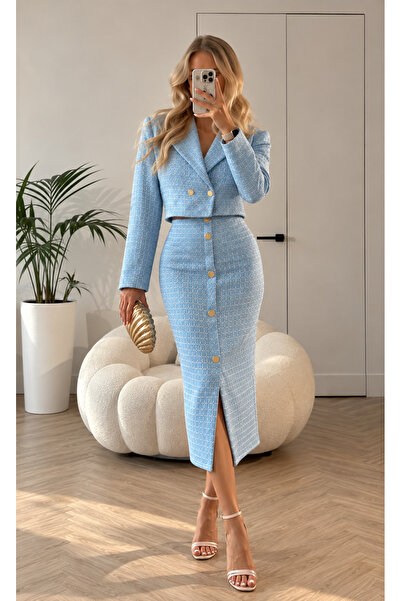 ALURA MODA Düğme Detaylı Crop Ceket & Midi Etek Kadın İkili Takım