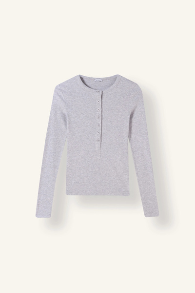 DeFacto I6397AXGR256 Gri Fitted Fitilli Yarım Düğmeli Henley Yaka Uzun Kollu Basic Tişört