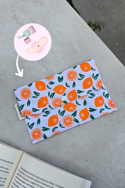 Sumicorn Design Portakal Desenli Yıkanabilir Çıtçıtlı Ped Çantası, Mini Cüzda...