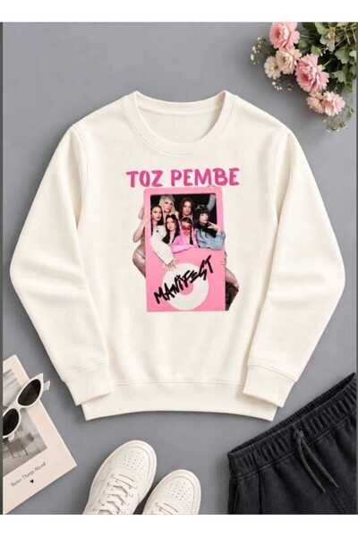 NOFLEN Toz Pembe Manifest Tasarım Baskılı Krem Uzun Kollu Sweat