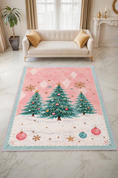 Home Yılbaşı Çam Ağacı Desenli Kaymaz Taban Halı - Noel Temalı Yıkanabilir Halı