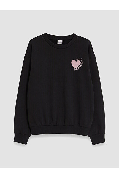 LC Waikiki Two Mt Shop Quality Black Embroidered Girls' Sweatshirt