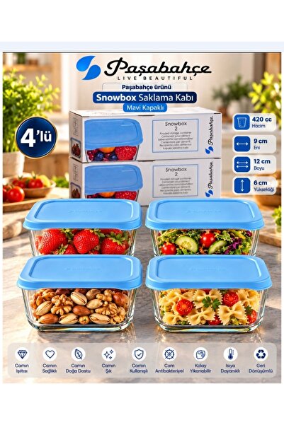Paşabahçe 4 Pieces Snowbox Storage Container Rectangular with Blue Lid 420 Cc...