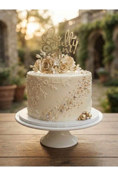 Bello Carino High quality decoration products Topper Tort "La Mulți Ani!", Lemn MDF, Dimensiune 11x15 cm, Design Caligrafic cu Elemente Florale, Decor Elegant pentru Zi de Naștere, Auriu