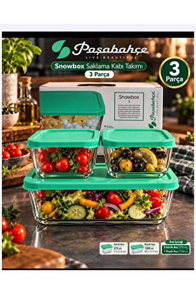 Paşabahçe 3 Pieces Snowbox Storage Container Small with Green Lid 275 Cc Volu...