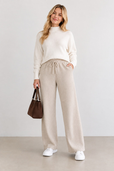 MERİDE Women's Elastic Waist Lace-Up Wide Leg Knitwear Trousers-00093-Beige - m