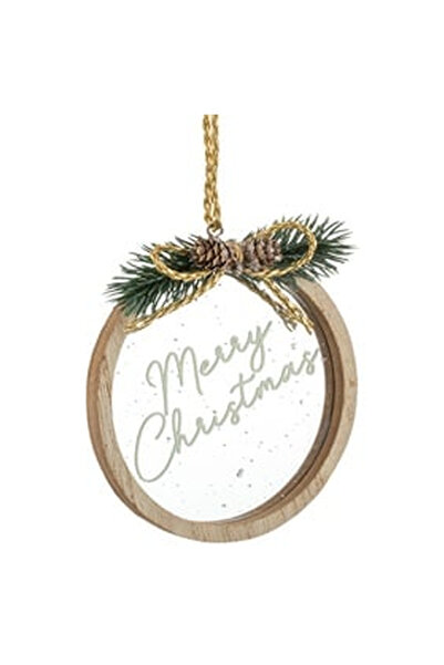 OEM Ornament Brad de Craciun Oglinda din Lemn cu Fundita Ramura "Merry Christ...