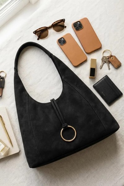 Adelina Bags Pachet de 2 genți Geantă de umăr casual din piele intoarsa, cu fermoar, model lat, 2 piese