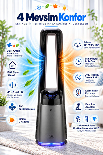 Fakir Multifonksiyonlu Kule Tipi Vantilatör 3'ü 1 Arada Fan Isıtıcı Hava Temi...
