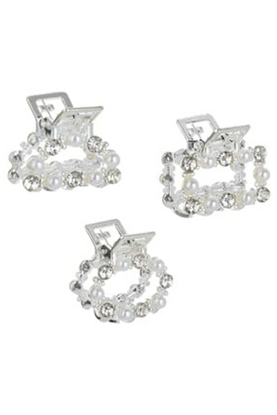 OEM Set Clame Par de Culoare Argintie cu Margele Albe & Strass 2.5cm - 3buc
