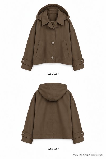 Layk Mayk Jachetă scurtă tip trench maro cu glugă detașabilă pentru femei-00212667