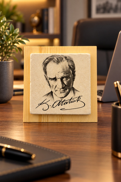 CEREN WOODEN Atatürk Portreli Dekoratif Taş Tablo 10x10 cm – Ahşap Standlı ve...